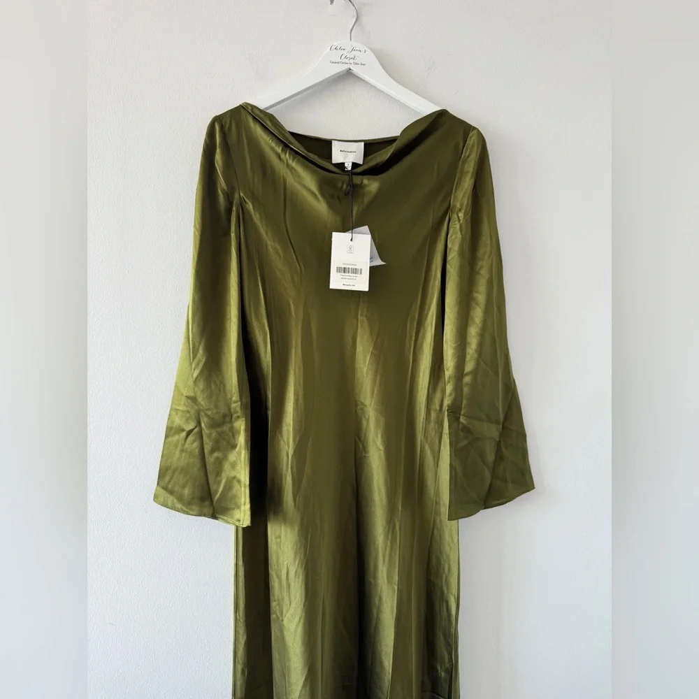 REFORMATION NWT Pike Silk Maxi Dress in Moss - Picture 5 of 14